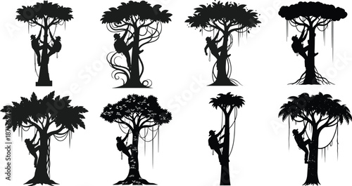 Tree climbing silhouette illustration, jungle canopy pose, rope harness technique, black vector art, rainforest adventure scene, nature exploration