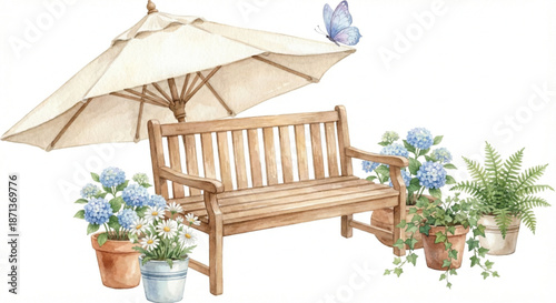A watercolor vector illustration of a charming wooden garden bench with a large, open fabric umbrella attached
