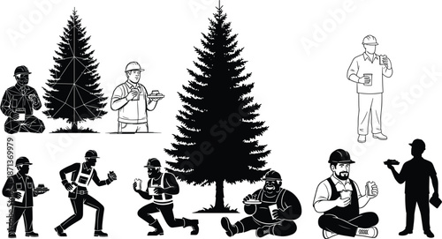 Construction workers eating silhouette, lunch break scene, pine tree background, hard hat pose, black vector art, outdoor work moment