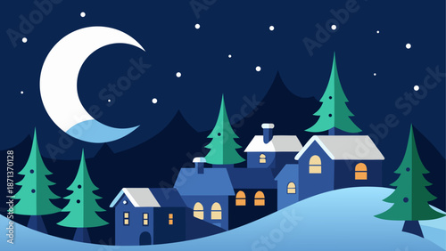 Night scene with moonlit winter village