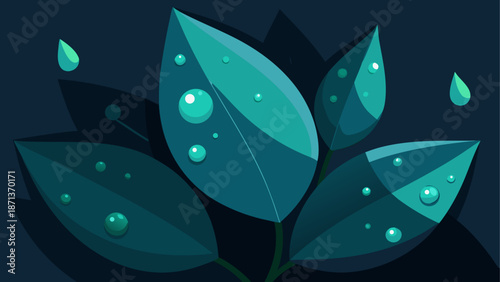 Teal leaves with water droplets on dark