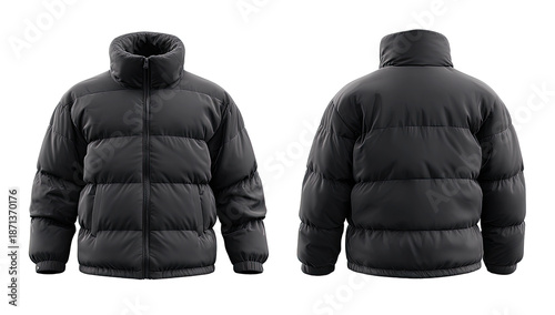 Dark gray puffer jacket, front and back views