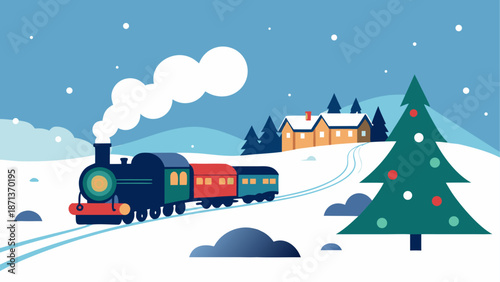 Winter scene with train and christmas tree
