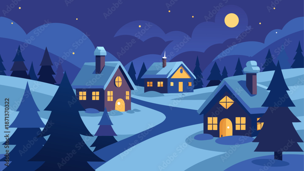 Obraz premium Night winter scene with houses and trees