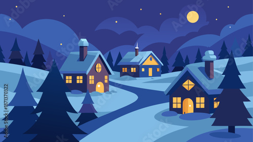 Night winter scene with houses and trees