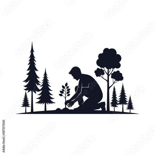 A silhouette of a man planting a tree in a forest landscape