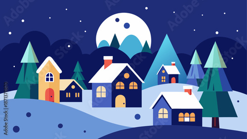 Winter landscape with houses and full moon