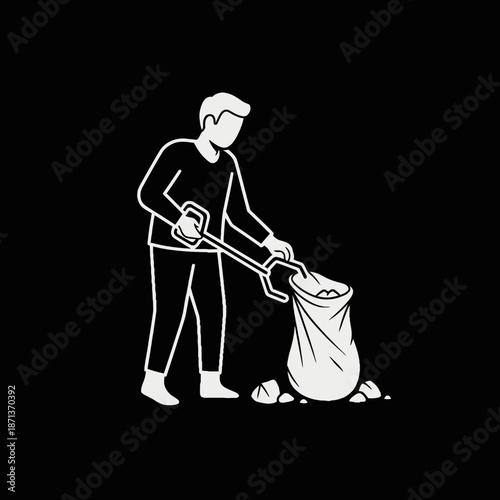 A person using a grabber tool to pick up trash into a bag