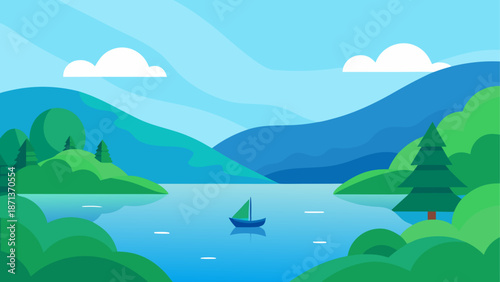 Lake landscape with boat and green hills