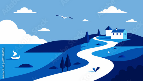 Landscape with path leading to house near sea