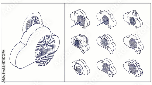 Isometric Blueprint Cloud Security Concept: Fingerprint Scan for Digital Data Protection, User Authentication, and Network Access in a Modern Tech Environment