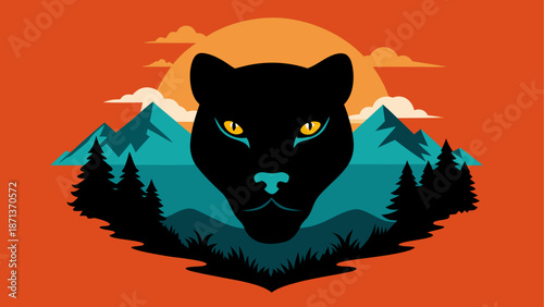 Black panther with mountain and forest art