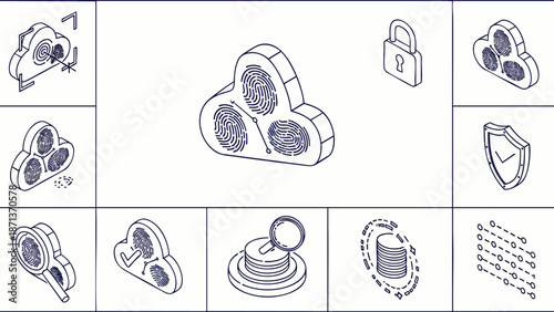 Cloud Security and Data Protection Isometric Line Icons Set. Digital Privacy, Biometric Authentication, and Network Safety Concepts.