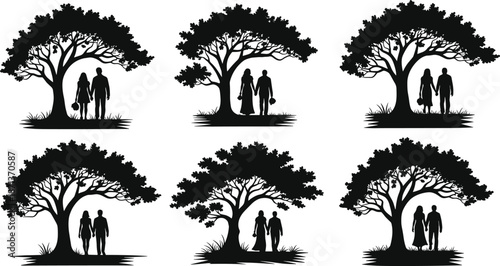 Couple under tree silhouette, romantic nature scene, peaceful outdoor pose, fruit tree love moment, black vector illustration, minimal art