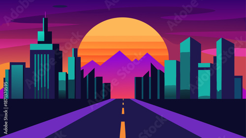 Cityscape with sunset and road illustration