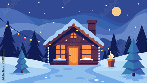 Winter cabin scene with snow and moonlight