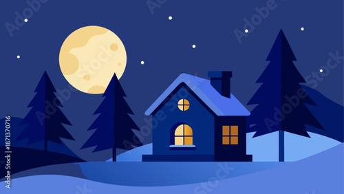 House under the moon in winter landscape