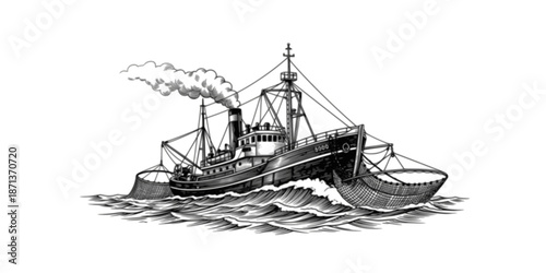 Trawler or commercial fishing boat with nets in the sea, engraving style black and white monochrome vector illustration
