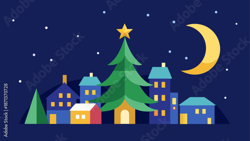 Christmas tree in a winter village night