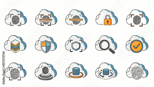 Cloud Computing Security and Data Protection Icons Set: Digital Biometric Authentication, Network Storage, and Cyber Privacy Technology Concepts.