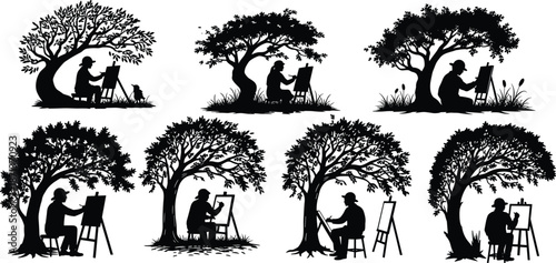 Outdoor painting silhouette, artist under tree, tranquil nature scene, creative moment, black vector art, peaceful landscape illustration