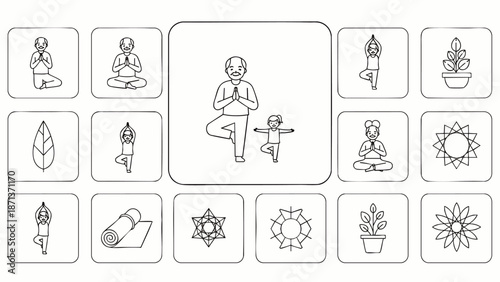 Yoga and Meditation Line Art Icons Set. Wellness, Mindfulness, and Spiritual Balance Outline Symbols for Health and Relaxation Practices.