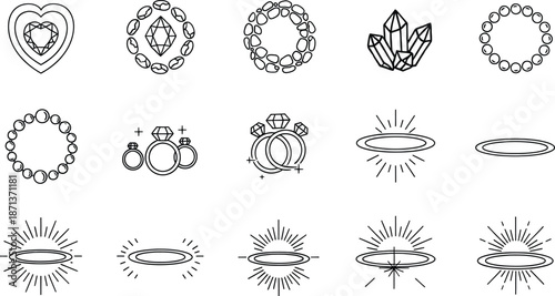 Minimalist line art icons featuring jewelry pieces, shiny crystals, rings, and sparkling light effects