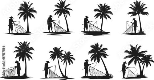 Traditional fishing silhouette, tropical palm tree scene, conical hat figure, net casting, cultural lifestyle, black vector art, Southeast Asia