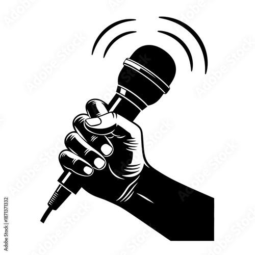 A hand firmly grasping a classic black microphone ready for performance