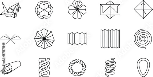 A collection of black and white line icons depicting various folding and twisting patterns