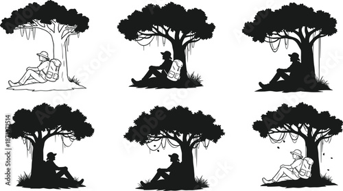 Wilderness silhouette, person under tree, backpack, hat, resting pose, forest vines, solitude, nature scene, outdoor relaxation, peaceful moment