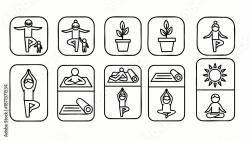 Minimalist Yoga and Meditation Line Art Icons Set: Featuring Diverse Poses, Mats, Plants, and Wellness Symbols for Health and Mindfulness.