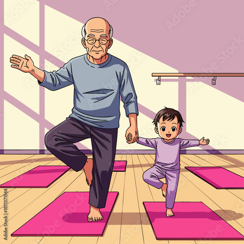 Grandfather and young grandchild practicing yoga together, balancing in tree pose on pink mats. Intergenerational wellness, health, and family bonding.