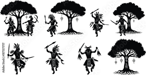 Native American warrior silhouettes, tribal dancers, ceremonial tree, spiritual nature symbols, traditional weapons, feather headdress, indigenous heritage, cultural illustration