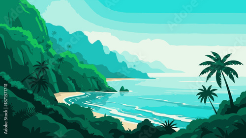 Tropical Coastline Vector Landscape – Cinematic Jungle Cliff Hero Background