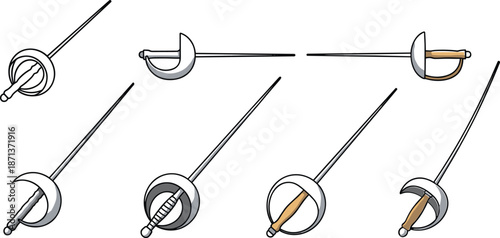 Fencing swords collection, sabre foil épée variations, historical weapon hilts, sport blades, martial arts gear, fencing equipment, sword types, combat tools