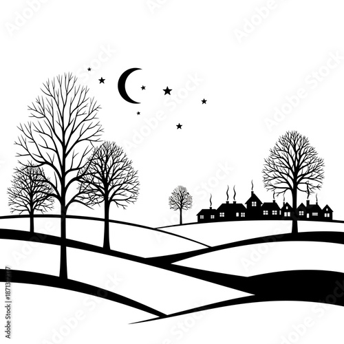 A silhouetted nighttime landscape with trees a crescent moon and distant buildings