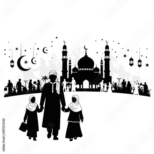 Silhouette of a mosque family and crescent moon in a black and white illustration