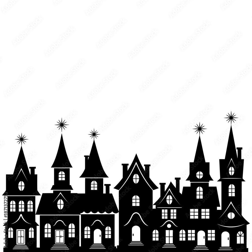 Obraz premium A silhouetted cityscape of gothic buildings and twinkling stars against a white background