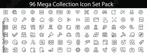 96 Mega Collection Outline Icons Set – UI Controls, System, Security & Healthcare Line Icons Pack.