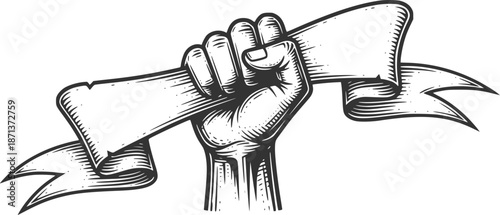 A fist holding a scroll banner paper ribbon revolution concept in a woodcut engraved etching vintage style.
