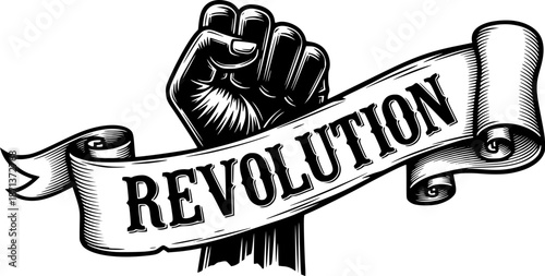 A fist holding a scroll banner paper ribbon revolution concept in a woodcut engraved etching vintage style.
