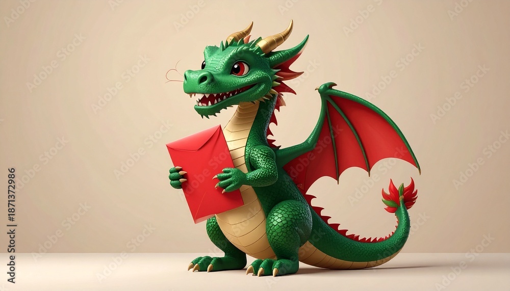 Fototapeta premium Green Chinese Dragon Holding Red Envelope Against Beige Background Symbolizing Prosperity, Celebration, and Lunar New Year Tradition