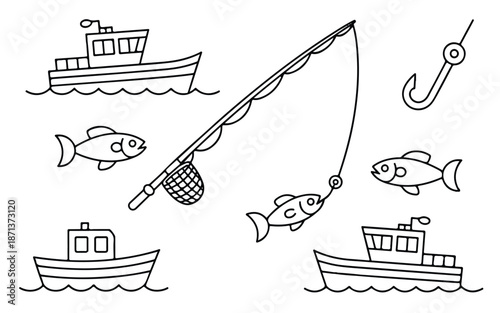 Fishing boats and nets with fish on hook and sea  recreational fishing