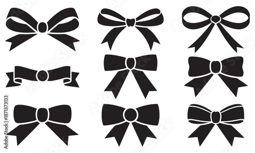 set of black ribbon bow icons on white background