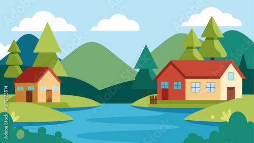 Serene lakeside cabins in mountainous landscape