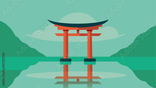 Traditional japanese torii gate over calm waters