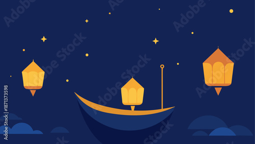 Serene night voyage with lanterns