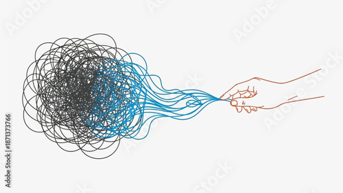 Monoline vector art of a hand's silhouette carefully manipulating a tangled string, symbolizing the process of problem-solving, unraveling complexity, and achieving clarity