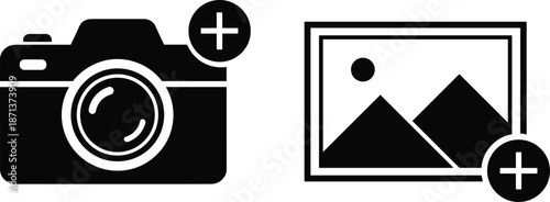 Black and white camera and image upload icons with plus signs for photo management, media interface, and vector UI design